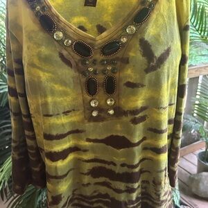 Multiples Yellow and Brown Embellished Tunic Blouse